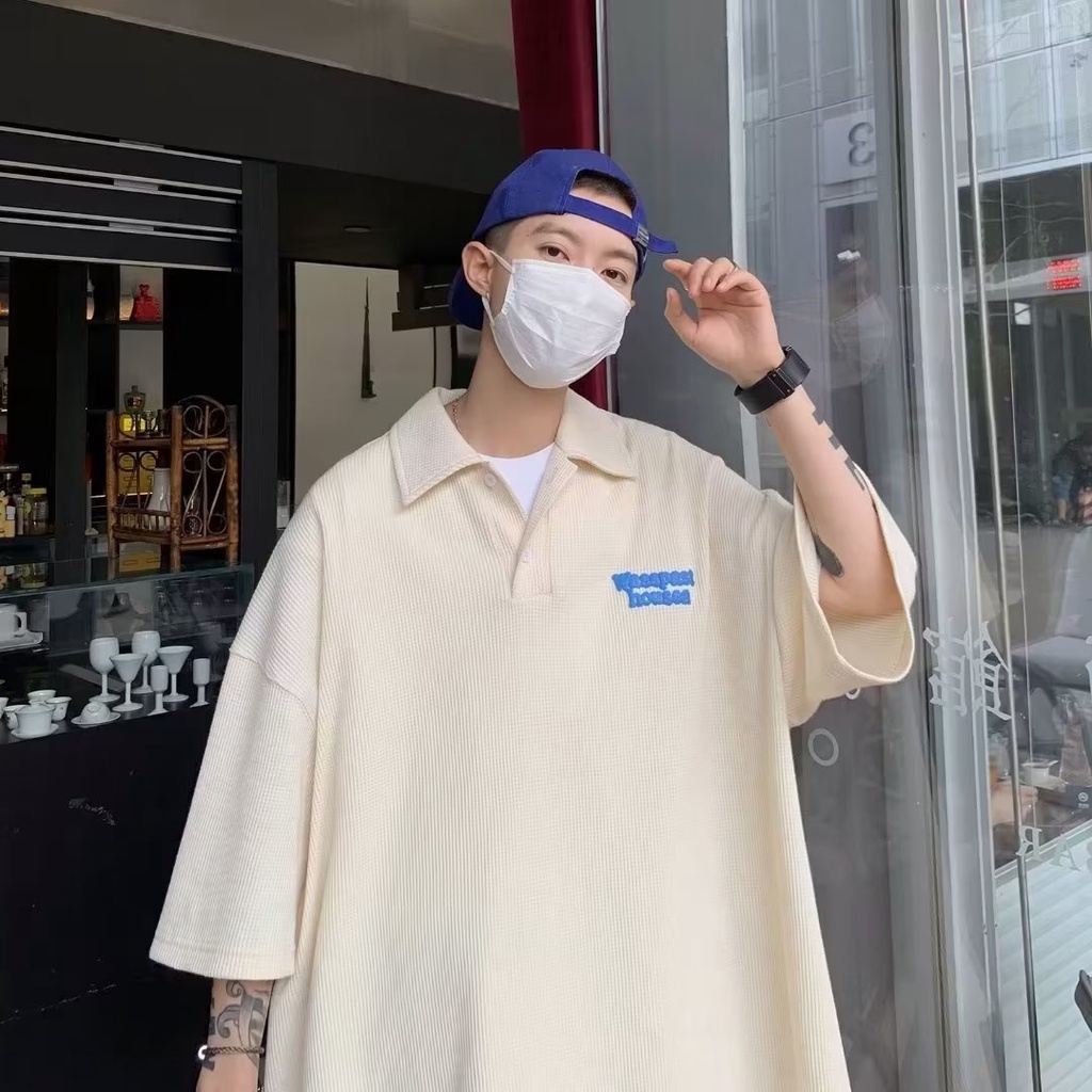 Áo Thun Polo Ngắn Tay Dáng Rộng Thêu Họa Tiết Đơn Giản Phong Cách Đường Phố Mỹ Thời Trang Mùa Hè Cho Nam