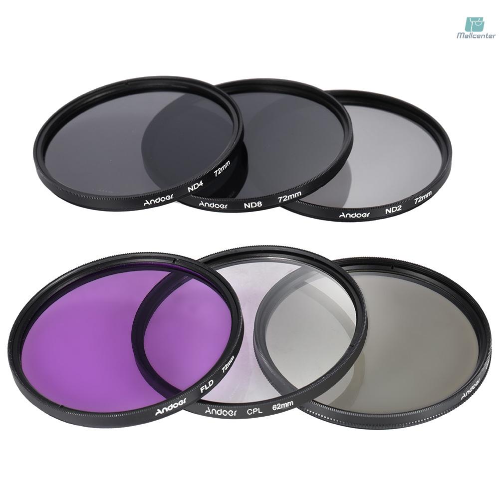 Andoer 72mm Lens Filter Kit UV+CPL+FLD+ND(ND2 ND4 ND8) with Carry Pouch / Lens Cap / Lens Cap Holder / Tulip &amp; Rubber Lens Hoods / Cleaning Cloth