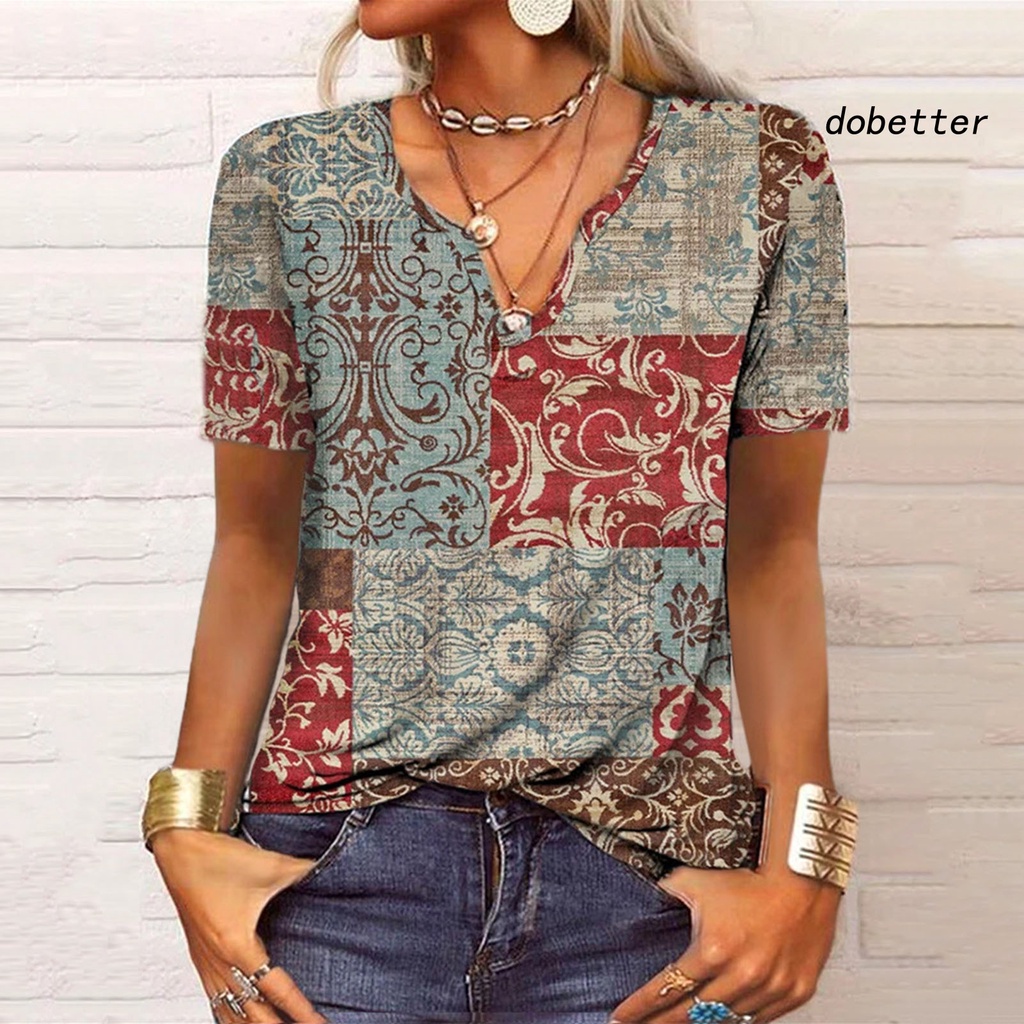 Áo Sơ Mi Tay Ngắn Cổ Chữ V Thoáng Khí In Họa Tiết Vintage Thời Trang Mùa Hè Cho Nữ