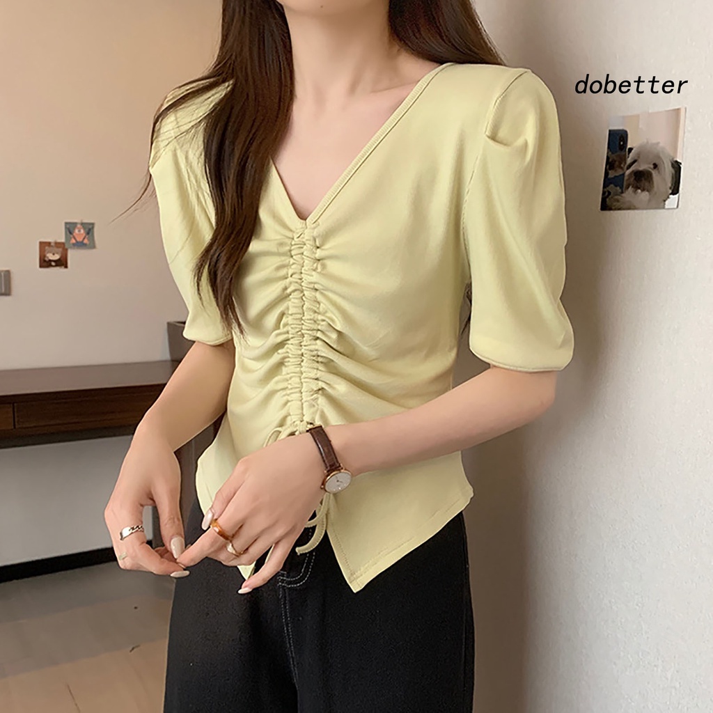 Áo Thun Tay Ngắn Cổ Chữ V Màu Trơn Phối Dây Rút Thời Trang Mùa Hè Cho Nữ