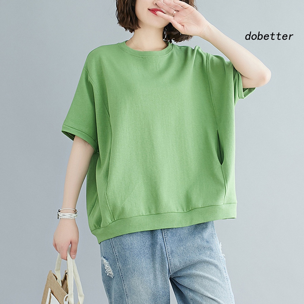 Áo Thun Tay Ngắn Cổ Tròn Hai Túi Dáng Rộng Màu Trơn Thời Trang Mùa Hè Cho Nữ