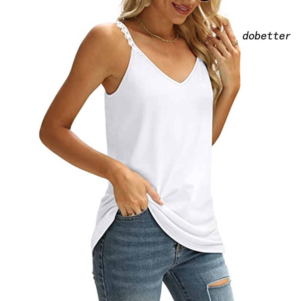 Áo Thun Sát Nách Dáng Rộng Cổ Chữ V Phối Ren Màu Trơn Thời Trang Mùa Hè Cho Nữ