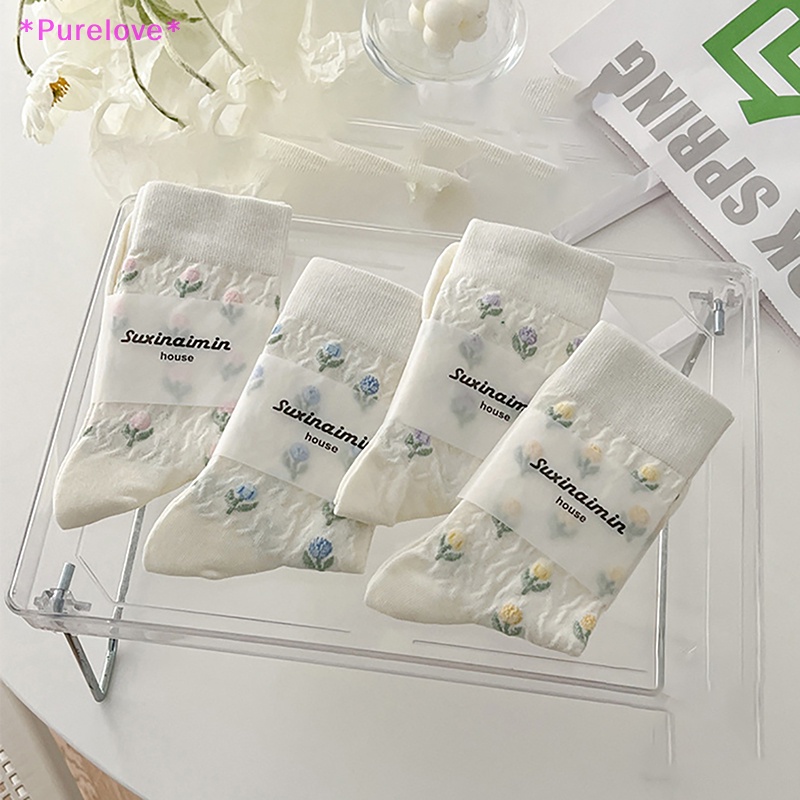 1 Đôi Tất Cotton Trắng In Hình Hoa Tulip Phong Cách Harajuku Nhật Bản Đáng Yêu Dành Cho Nữ Mới