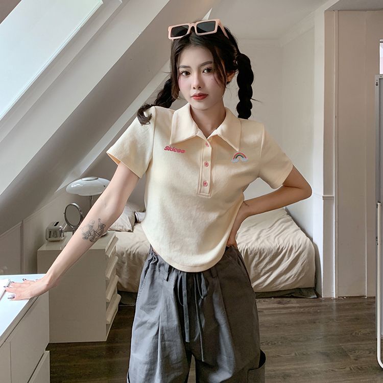 Cozok Áo Thun Ngắn Tay Dáng Ôm Thêu Họa Tiết vintage Thời Trang