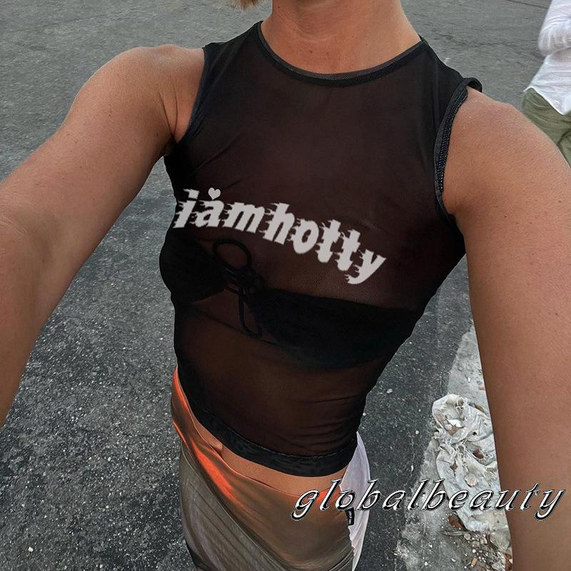 Áo Thun Lưới Không Tay In Chữ Thời Trang Dành Cho Nữ