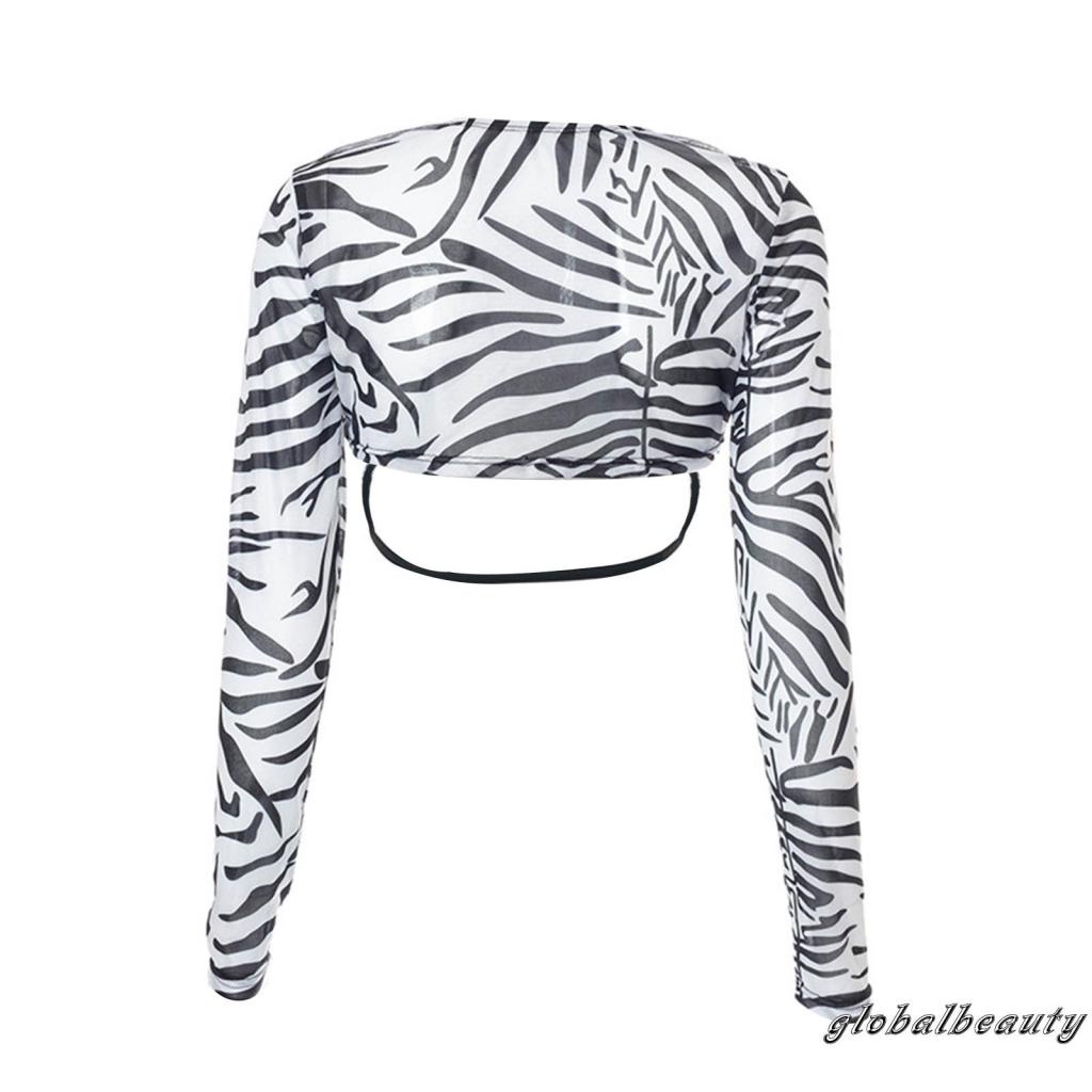 Áo Thun Crop Top Lưới Tay Dài Màu Trơn Họa Tiết Ngựa Vằn Gợi Cảm Cho Nữ