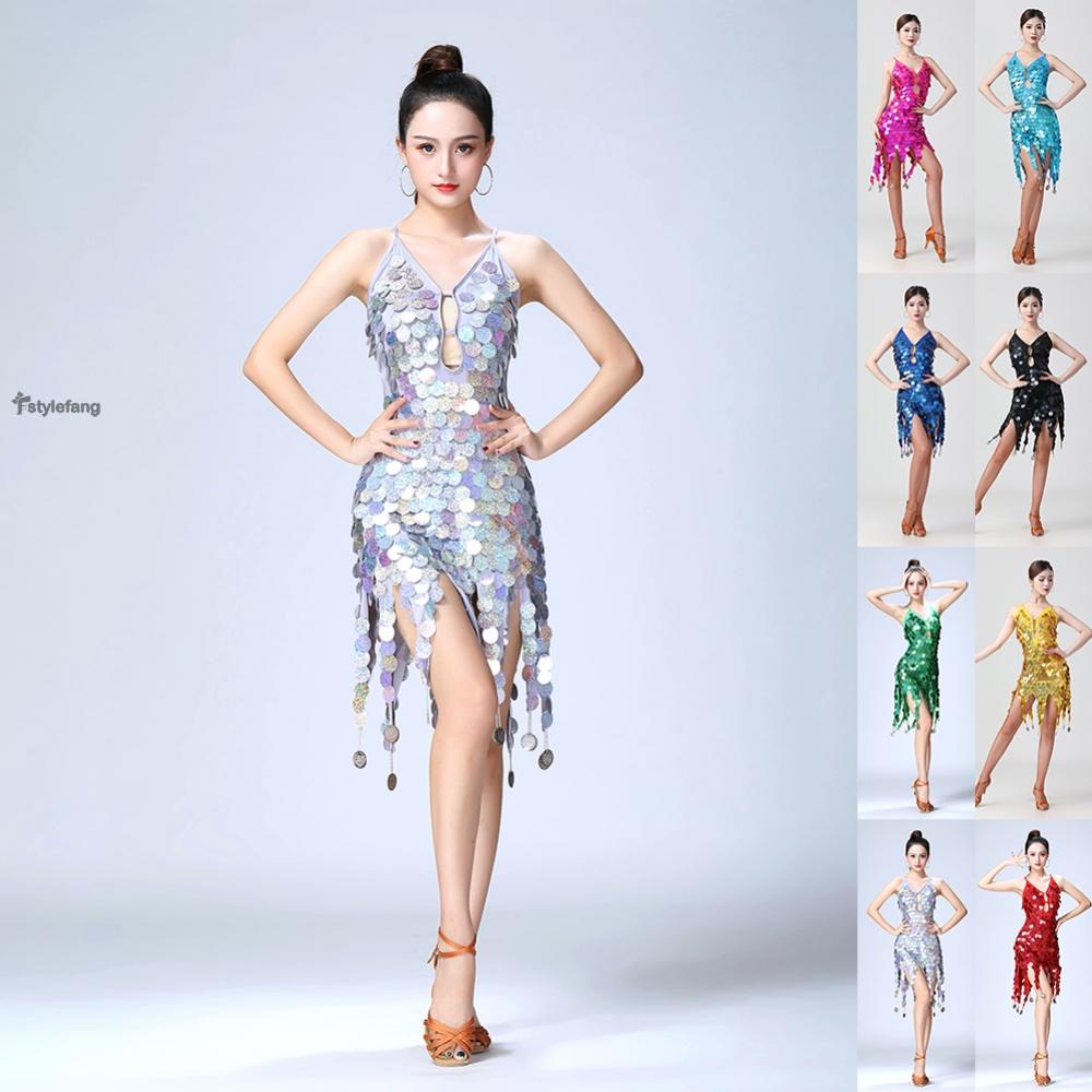 Đầm Khiêu Vũ Nhảy Latin Đính Kim Sa Lấp Lánh Cho Nữ