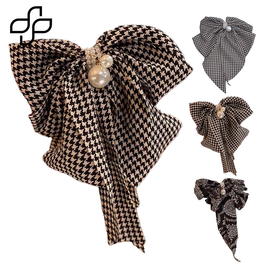 Kẹp Tóc Đuôi Ngựa Dài Nhiều Lớp Thắt Nơ Lớn In Họa Tiết Kẻ Sọc Caro Thanh Lịch Cho Nữ