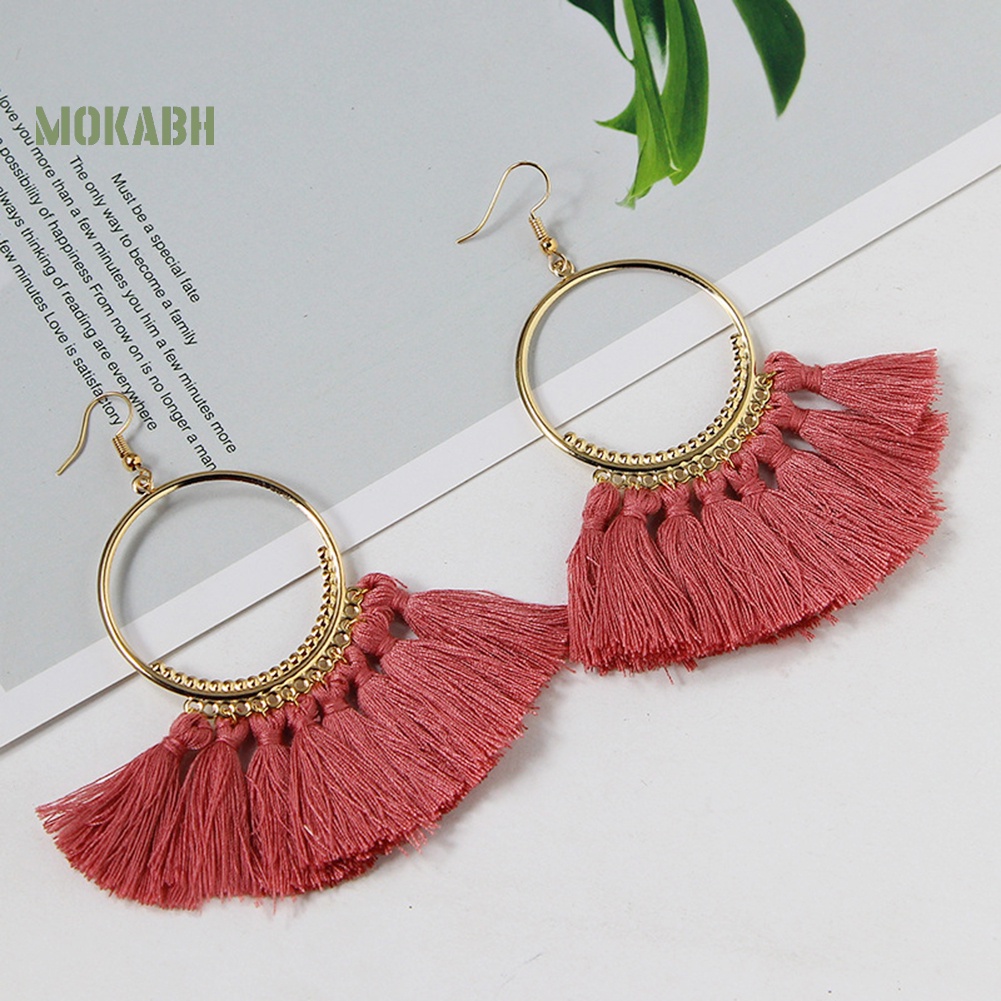 Bông Tai Móc Hình Tròn Lớn Phối Tua Rua Phong Cách Vintage Thời Trang Cho Nữ