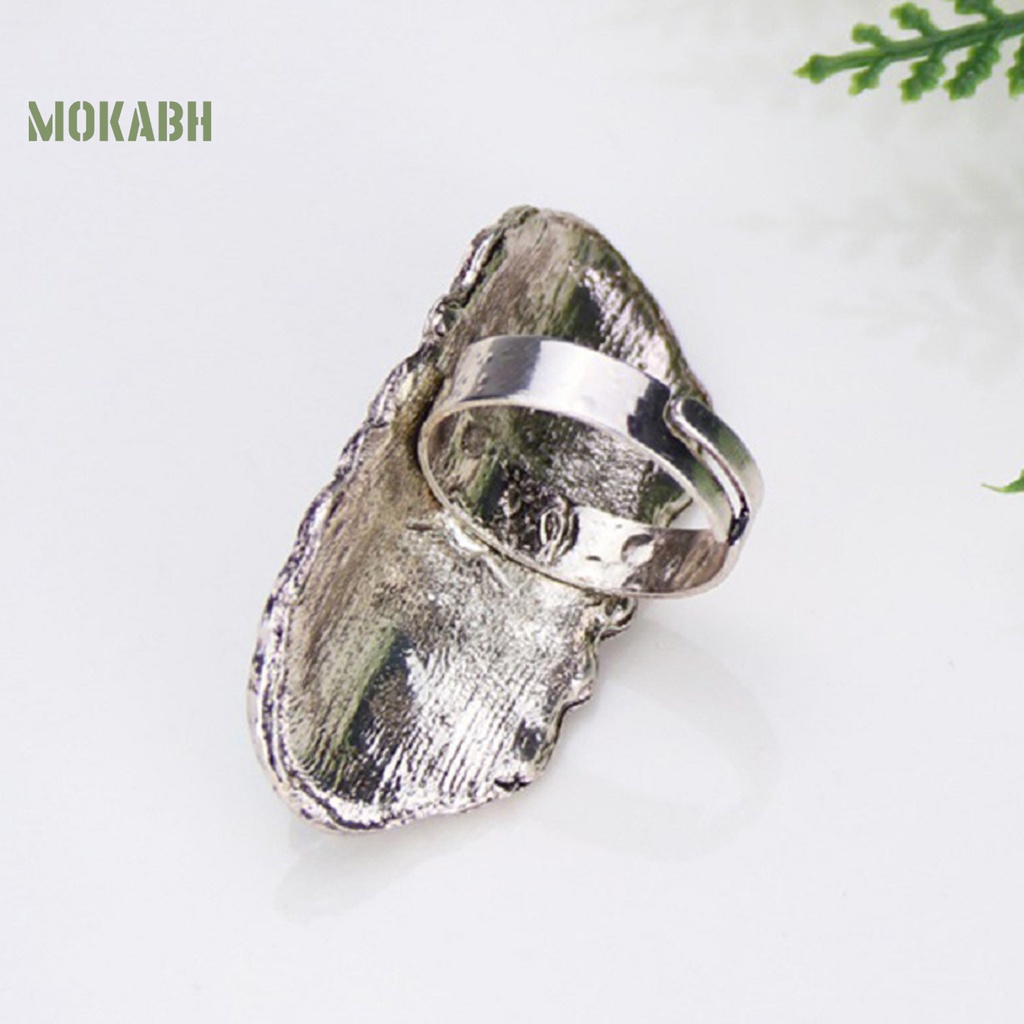 [Mok Abh] Nhẫn Hở Chạm Khắc Hoa Văn Đá Xanh Lá Phong Cách Bohemian Có Thể Điều Chỉnh Kích Thước