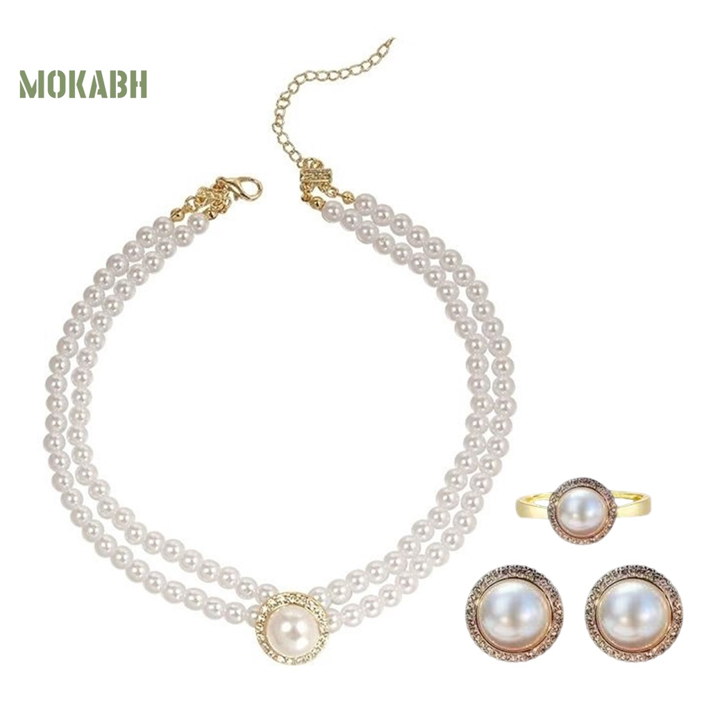 1 Bộ Vòng cổ + Nhẫn + Bông Tai Đính Ngọc Trai Nhân Tạo Phong Cách Pháp Cổ Điển Sang Trọng Không Gây Dị Ứng