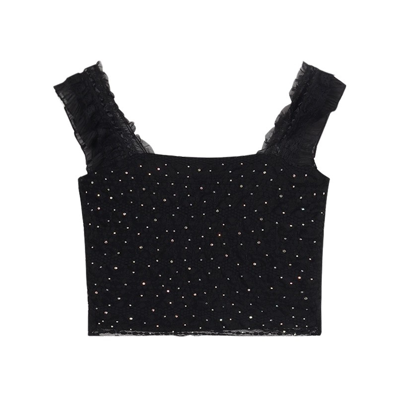 Áo Croptop  ba lỗ hở rốn màu đen dáng ngắn ren gợi cảm khí chất phong cách Hàn Quốc mùa hè nữ