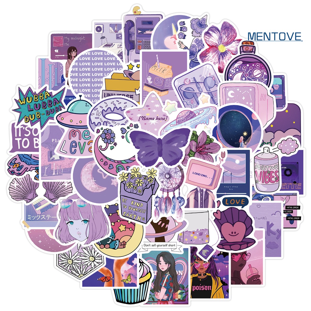Set 50 Nhãn Dán Hoạt Hình Màu Tím Lãng Mạn Chống Thấm Nước Trang Trí Vali / Laptop / Chai Nước / Tiệc Tùng DIY