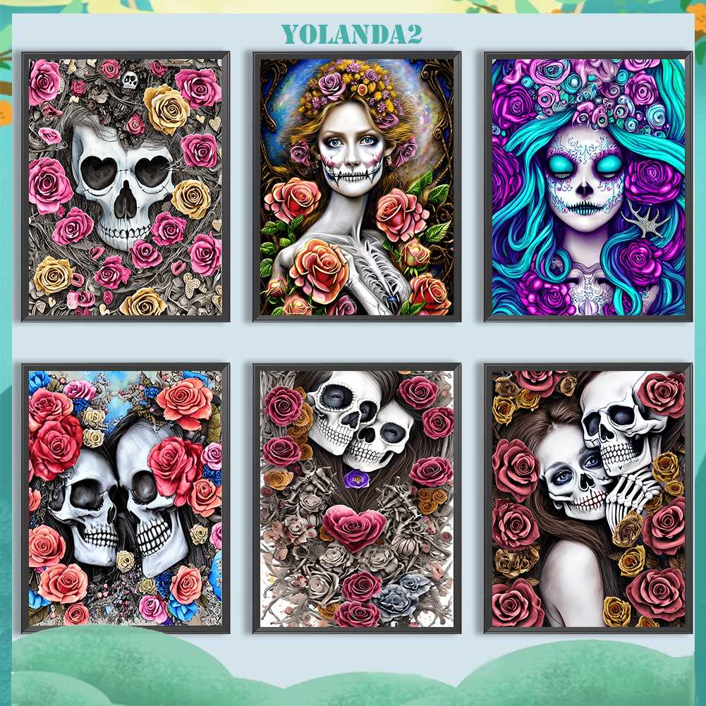 Tranh Đính Đá Kim Cương Toàn Bộ 5D DIY Hình Đầu Lâu Hoa Hồng