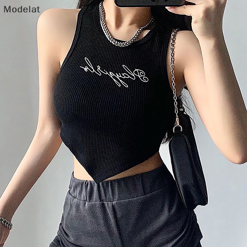 Áo Hai Dây Dệt Kim Mỏng Cổ Tròn Thêu Chữ Thời Trang Mùa Hè Cho Nữ