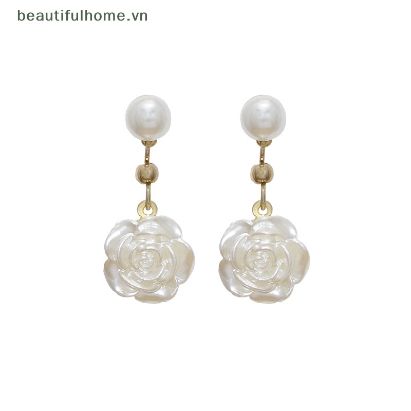 [beautifulhome] Bông Tai Hình Hoa Trà Đính Ngọc Trai Trang Nhã Thanh Lịch [beauty]