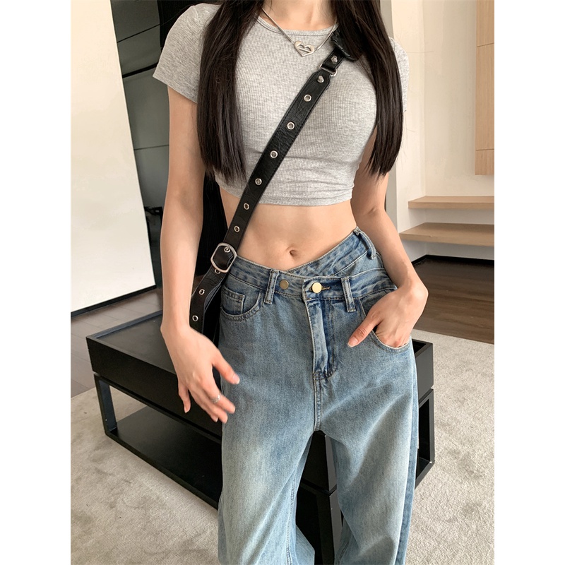 Quần Jean Lưng Cao Ống Suông Cá Tính Trẻ Trung