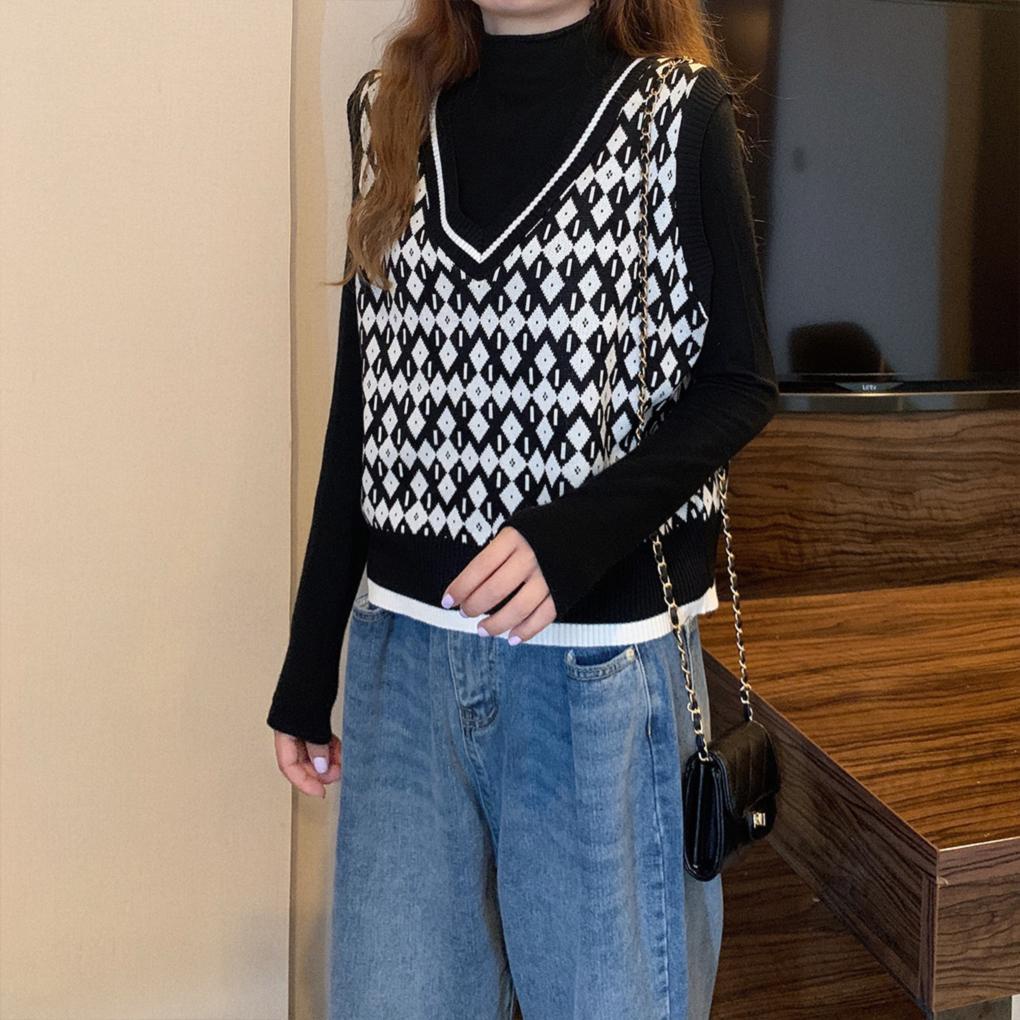 Áo Sweater Dệt Kim Sát Nách Cổ V Kẻ Sọc Thiết Kế Trẻ Trung Cho Nữ