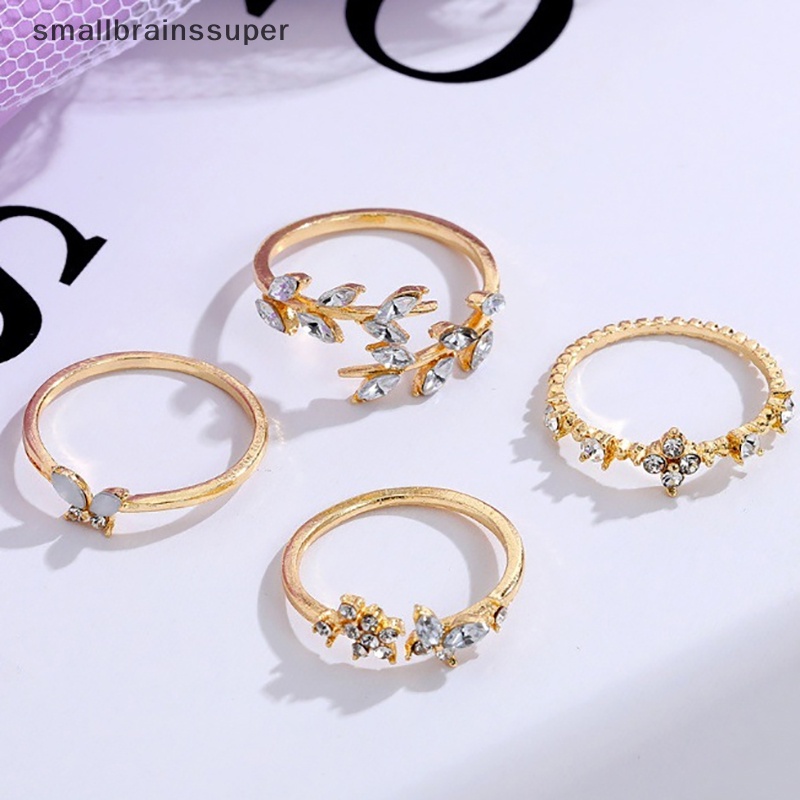 Bộ 4 Nhẫn Thời Trang Hàn Quốc Họa Tiết Hoa Lá Đính Kim Cương Giả Cho Nữ