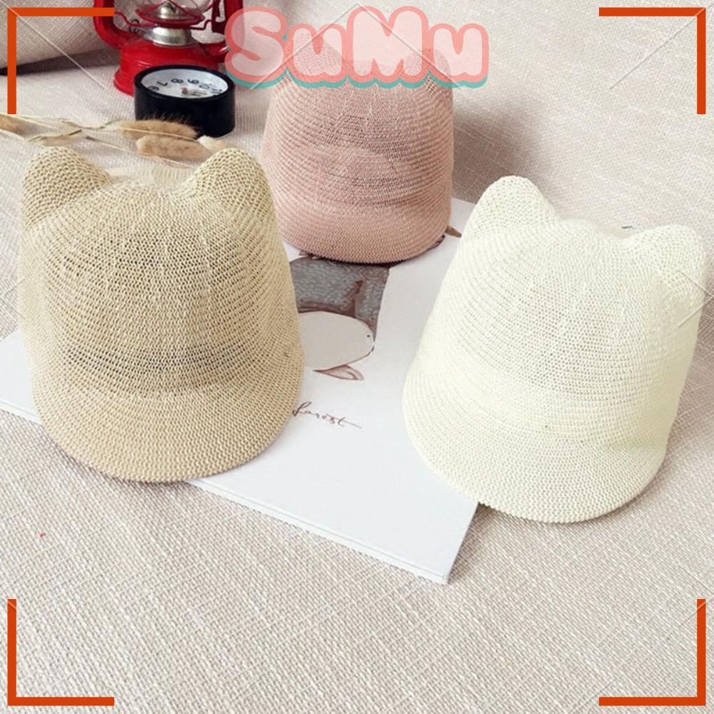 Mũ Lưỡi Trai Đan Rơm Phối Lưới Có Tai Thời Trang Mùa Hè Cho Bé