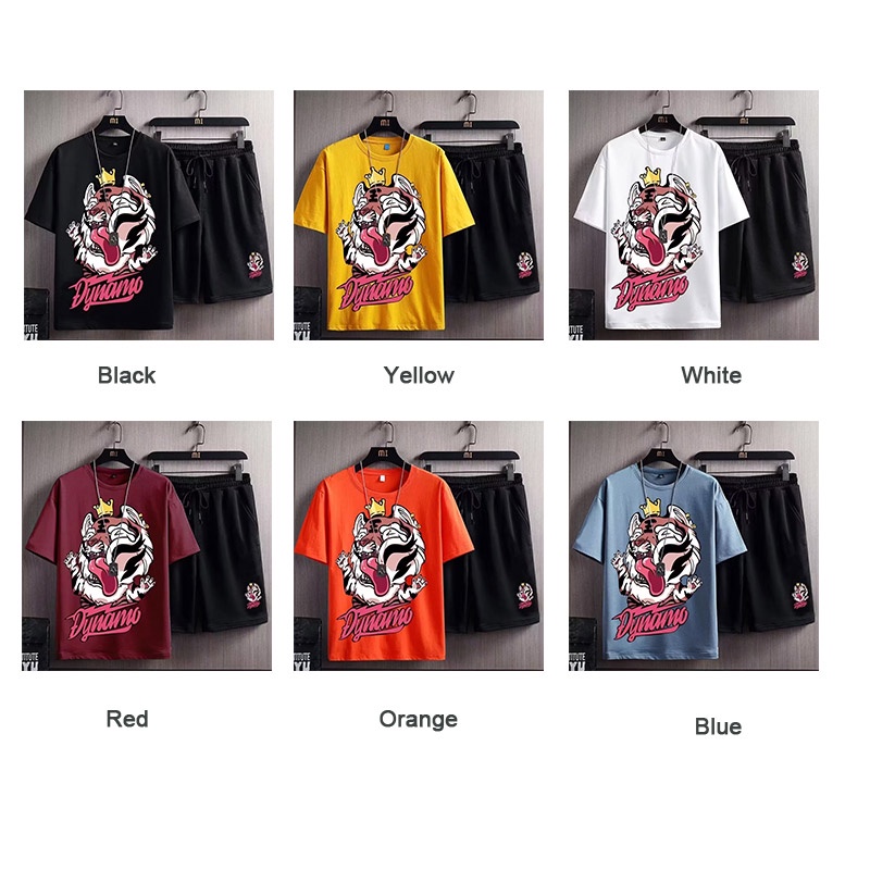 HANLU Set Áo Thun Ngắn Tay In Hình Đầu Sư Tử Và Quần short Thời Trang Dành Cho Nam