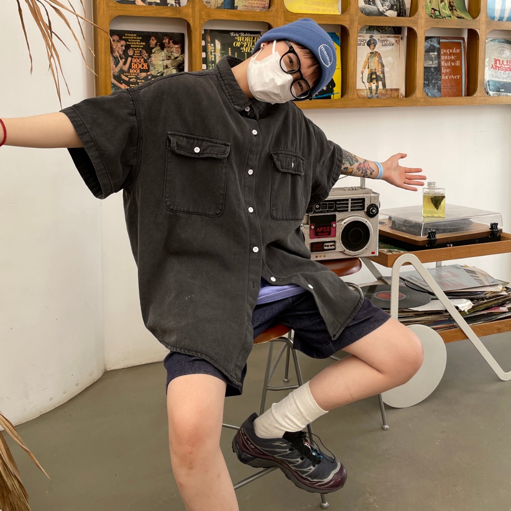 Áo Sơ Mi Denim Tay Ngắn Phong Cách Thời Trang Đường Phố Mới Cho Nam