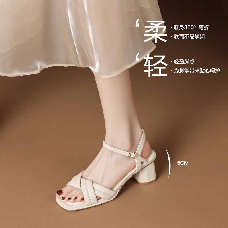 Duoya Tóc Thẳng ~ [Hàng Có Sẵn] Giày Sandal Gót Thô Một Đường Dây Đeo Ngoài Dễ Phối Đồ Cho Nữ