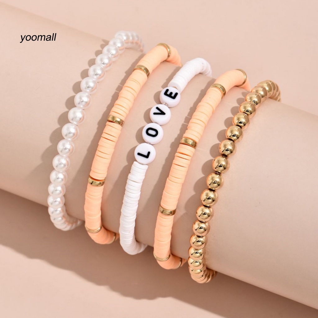 Set 5 Vòng Tay Hạt Đất Sét Polymer Nhiều Màu Sắc In Chữ Love Phong Cách Bohemian