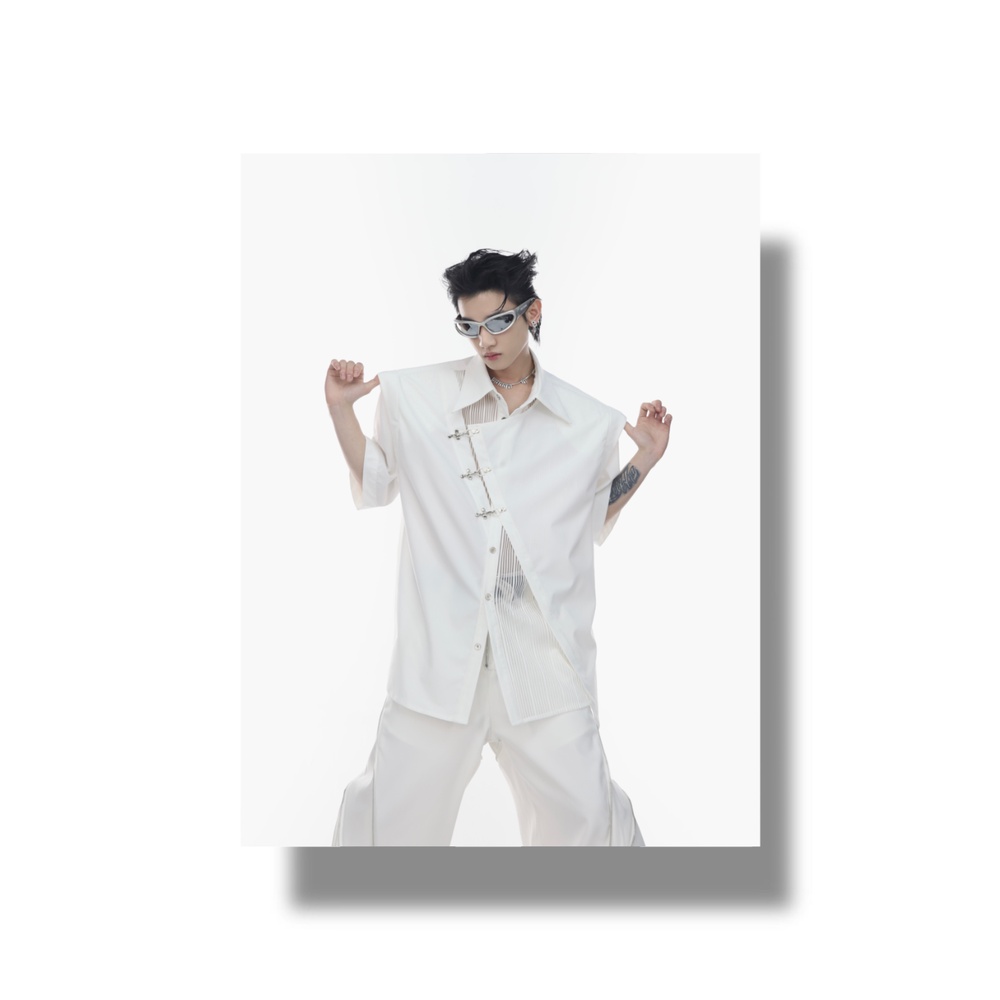 Áo Sơ Mi Ngắn Tay Hai Lớp Phối Nút Kim Loại Hình Máy Bay Thời Trang Mùa Hè