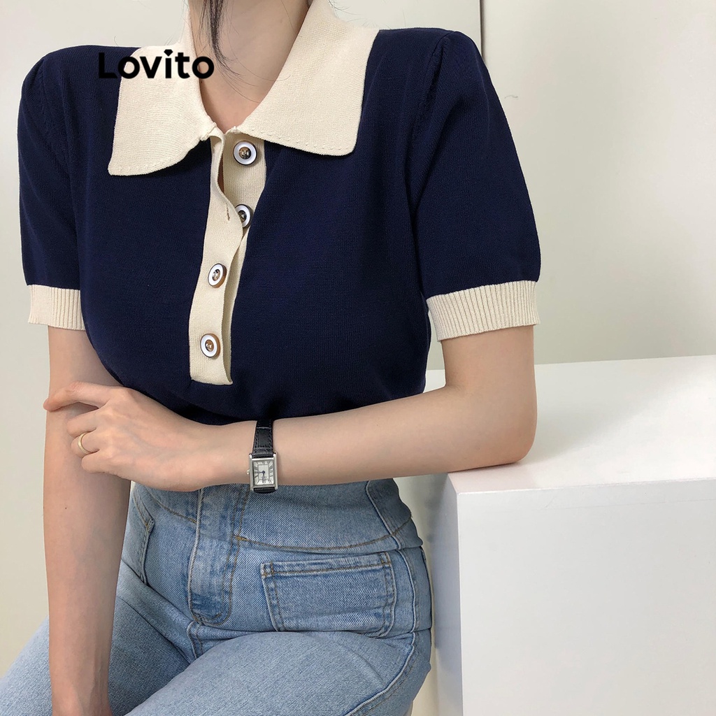 Áo dệt kim Lovito tay ngắn trơn phối nút cổ tương phản cho nữ LNA11001 (màu đen)