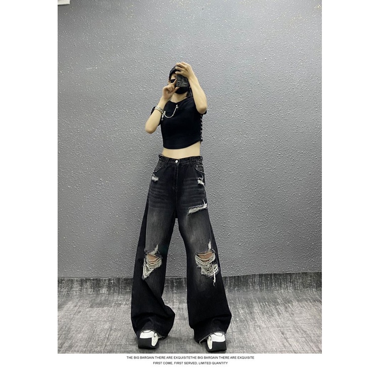 Quần Jean Rách Lưng Cao Ống Rộng Phong Cách Đường Phố Mỹ Thời Trang Mùa Hè Cho Nữ