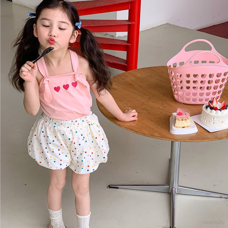 Set Áo Hai Dây Thêu Hình Trái Tim + Quần Short Chấm Bi Lưng Thun Thời Trang Hàn Quốc Cho Bé Gái