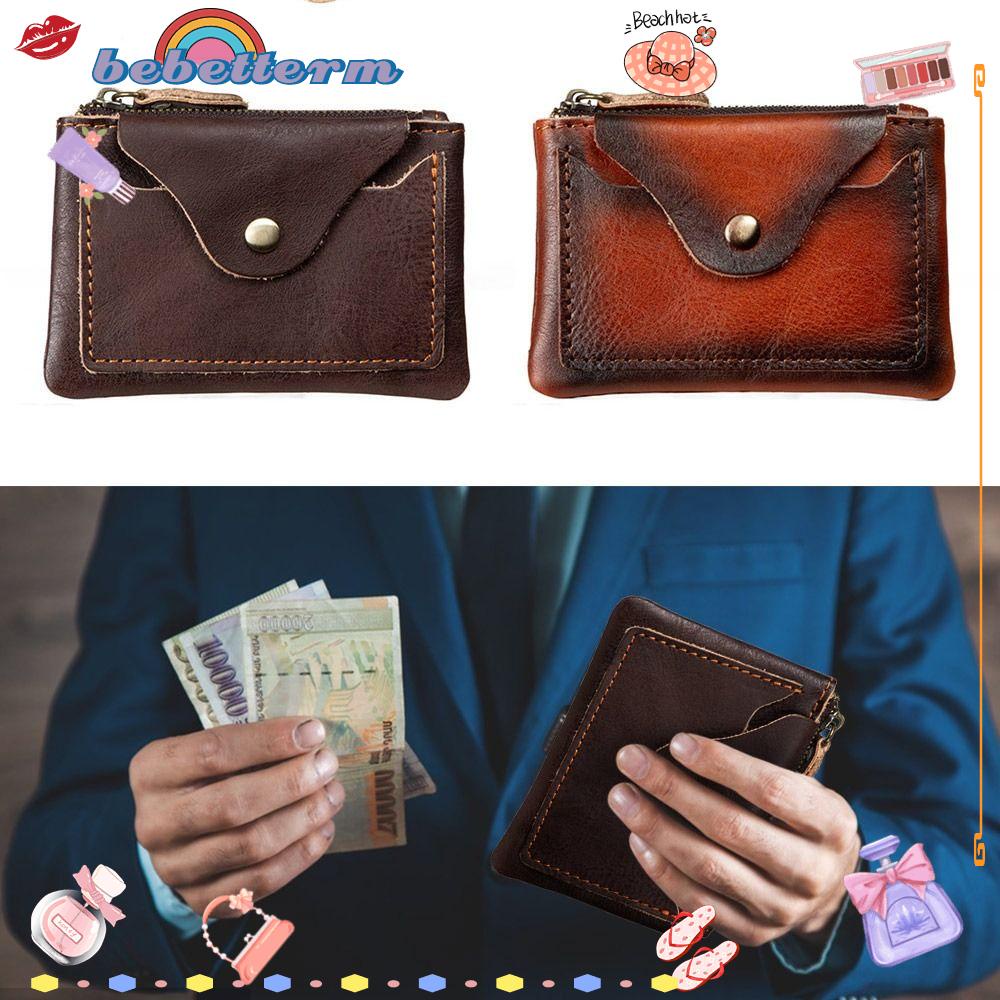 BEBETTERM Ví Da Đựng Tiền Xu Có Khóa Kéo Màu Cà Phê Phong Cách Vintage Cho Nam