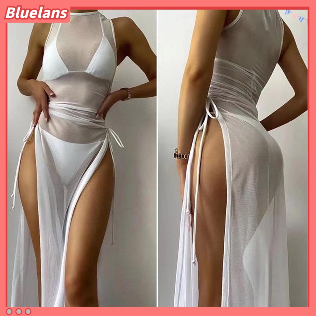 [BLS] Đầm Lưới Chống Nắng Không Tay Cổ Tròn Xẻ Tà Cao Bên Hông Dành Cho Nữ Đi Nghỉ Mát