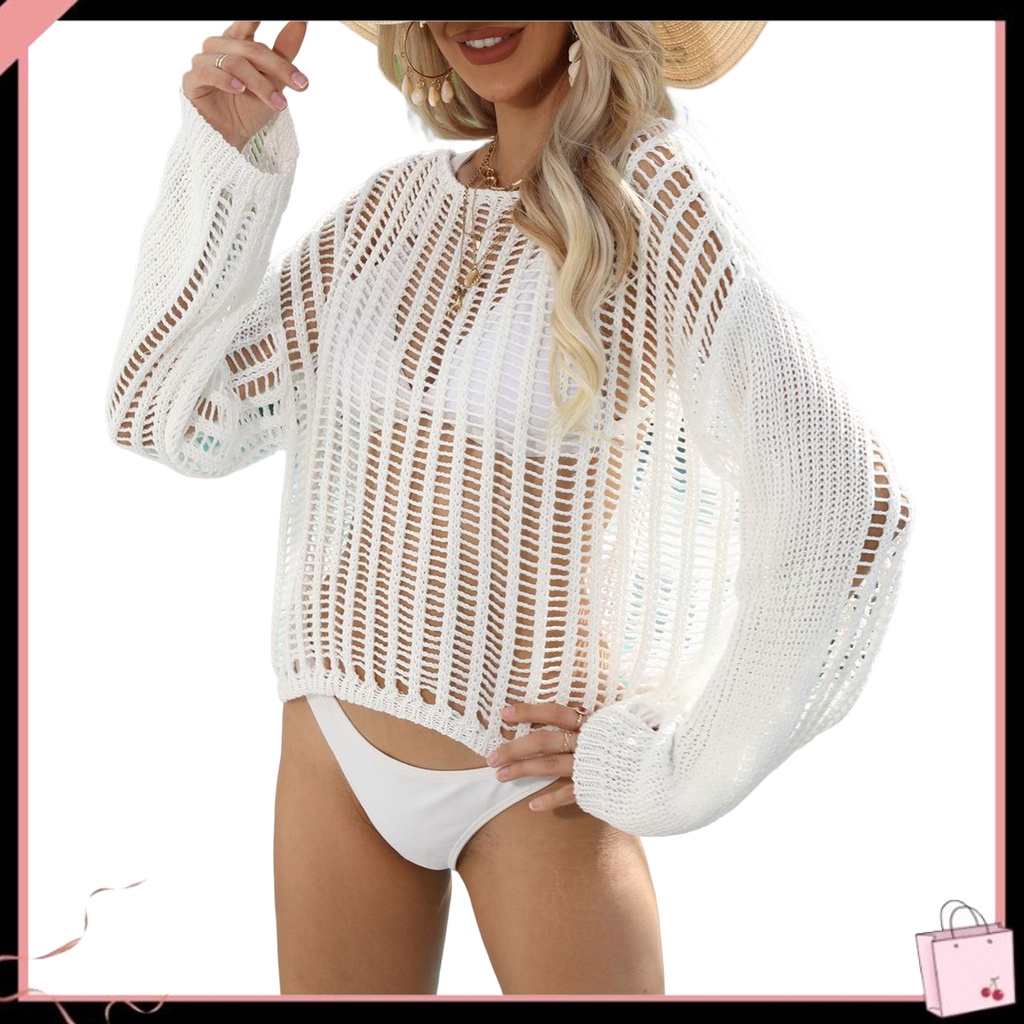 {Soltweter} Áo Dệt Kim Chui Đầu Dáng Rộng Tay Dài Khoét Rỗng Chống Nắng Đi Biển Mùa Hè Màu Trơn Cho Nữ