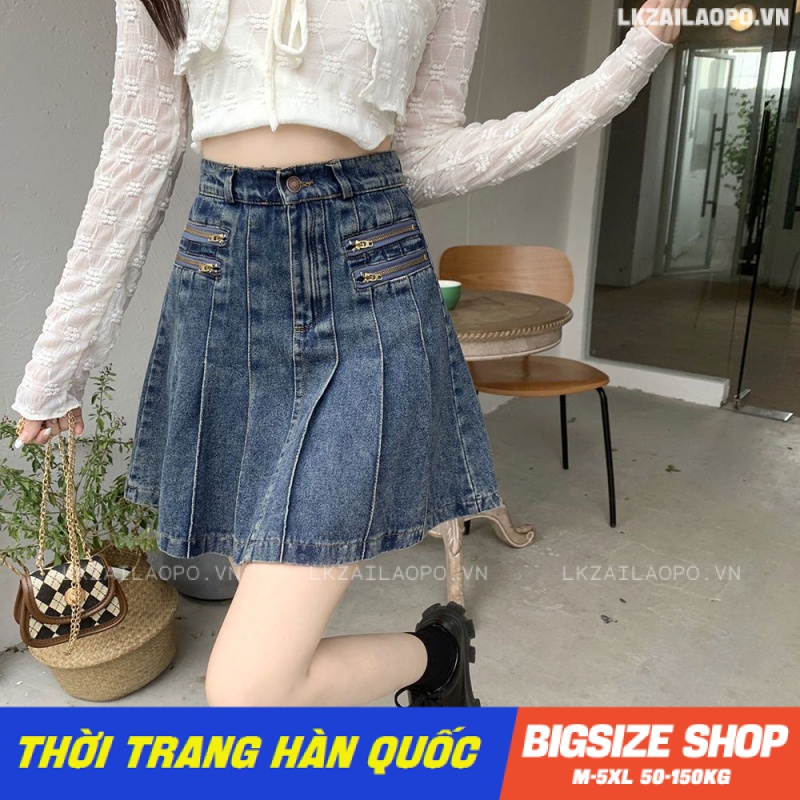Chân váy bò ngắn Bigsize chân váy nữ jean lưng cao chữ a xếp ly mùa hè Phong Cách hàn quốc đẹp Thanh Lịch cho nữ