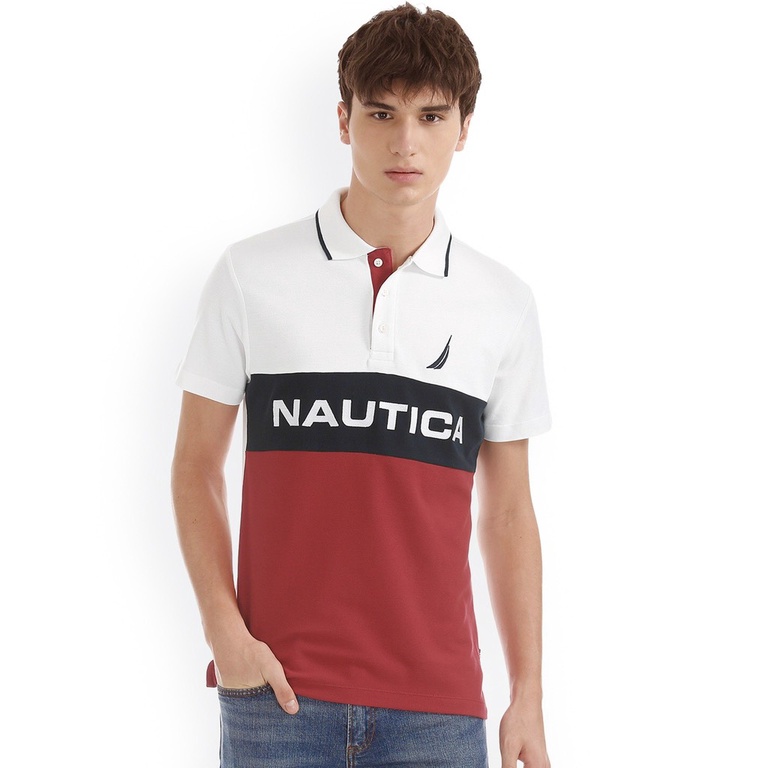 Áo N a u t i c a polo tr/đỏ/đen chữ