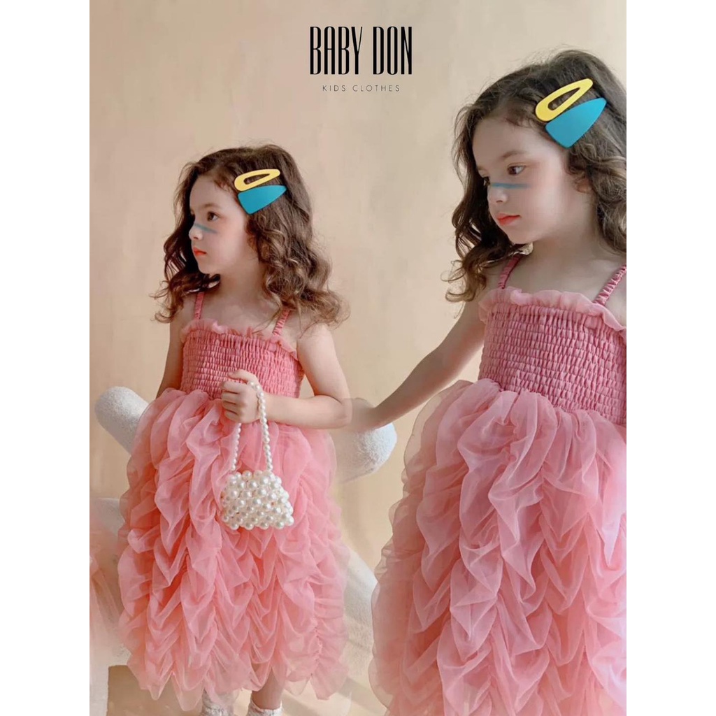 Đầm Dây Hồng Bo Nhún Cho Bé Gái