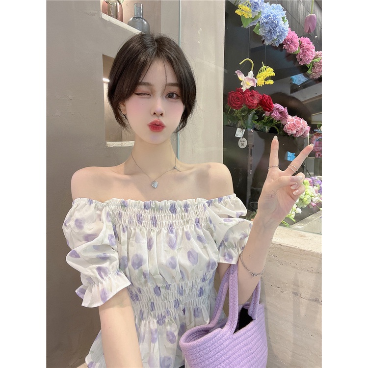 Áo Kiểu Tay Phồng Ngắn Cổ Vuông In Họa Tiết Hoa Phong Cách Hàn Quốc Thời Trang Mùa Hè Cho Nữ