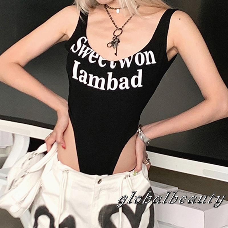 Bộ Áo Liền Quần Màu Đen Không Tay In Chữ Thời Trang Mùa Hè Cho Nữ