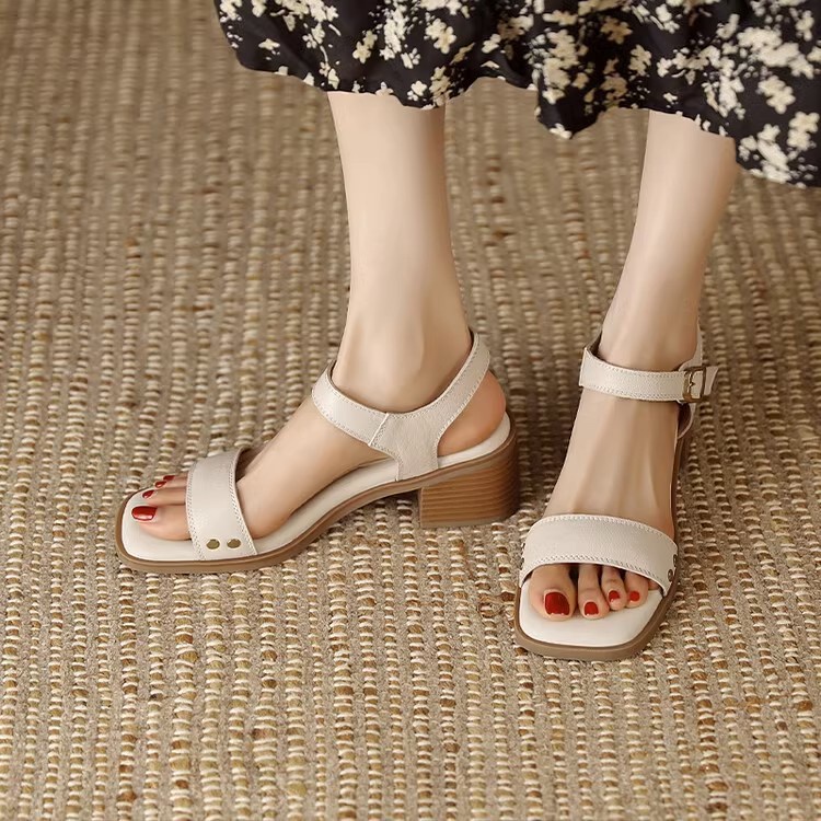 Duoya Tóc Thẳng ~ [Hàng Có Sẵn] Giày Sandal Hở Ngón Gót Dày Hở Ngón Chân Mùa Xuân La Mã Có Khóa Cài Thời Trang Cho Nữ Miễn Phí Vận Chuyển