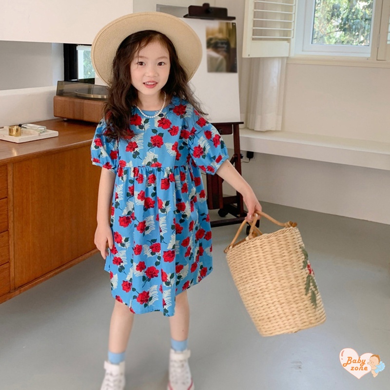 Korean Summer Girls' Round Neck Bubble Sleeves Flower Print Dress Children Baby Girl Fashionable Sweet Princess Dress