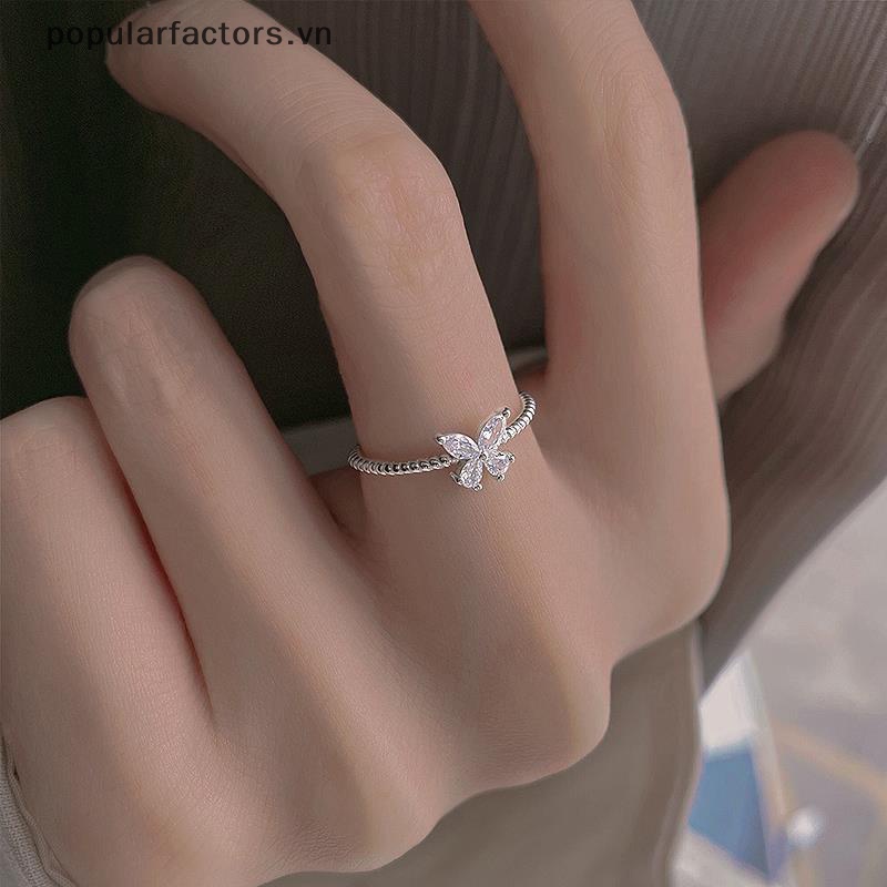 Nhẫn Dạng Hở Hình Bướm Đính Đá Zircon Màu Sắc Bạc Xinh Xắn Thích Hợp Làm Quà Tặng