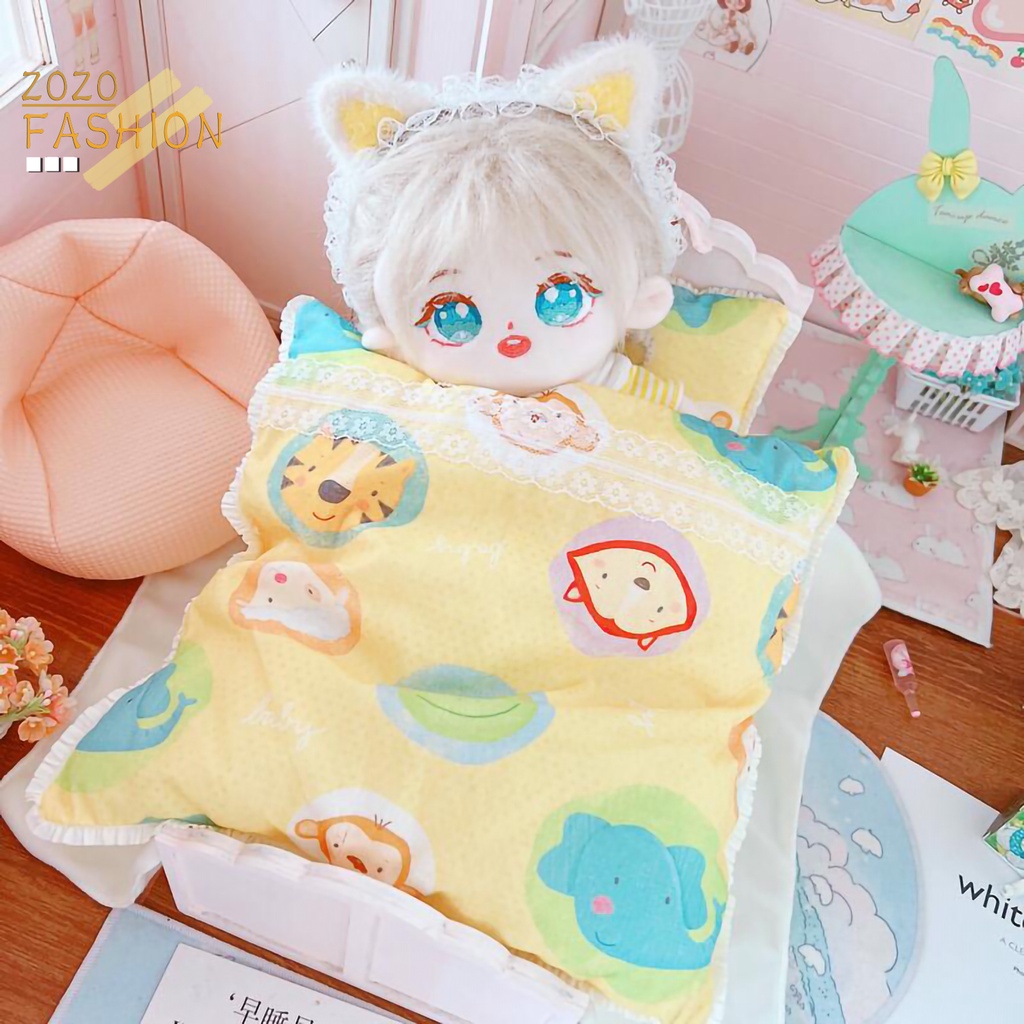 Bộ 3 Món Gối + Ga Giường + Búp Bê Vải Mềm Mại In Họa Tiết Màu Sắc Tươi Sáng Thời Trang Cho Bé