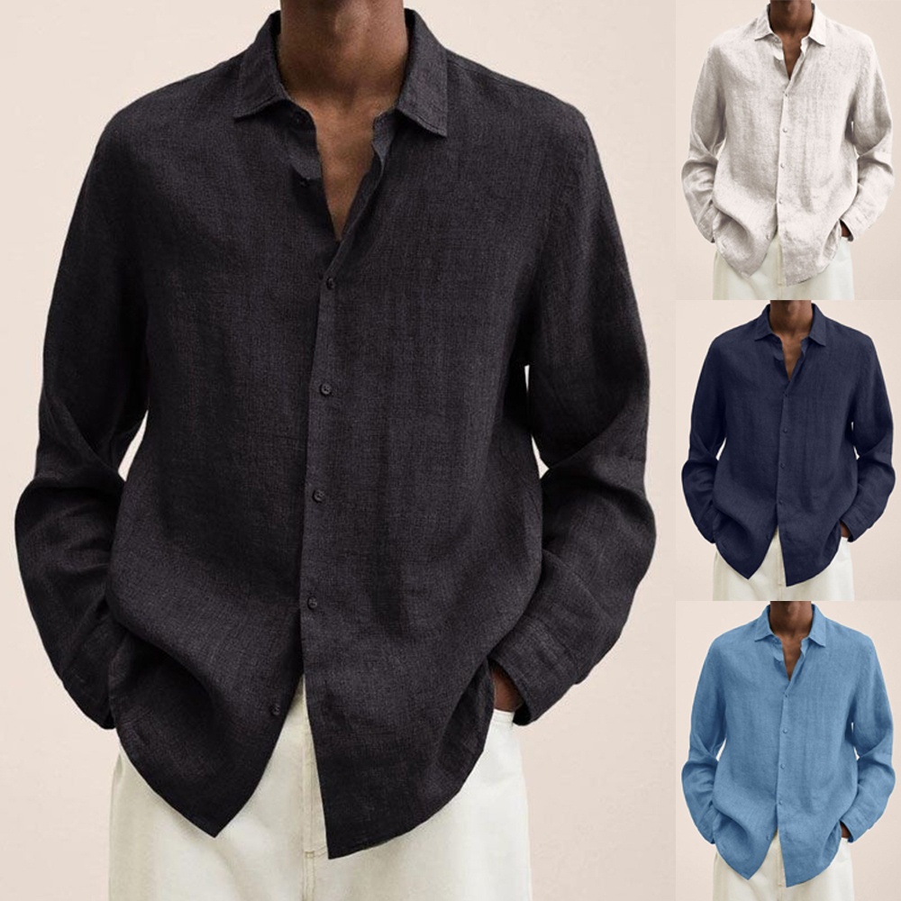 Áo Sơ Mi Cotton Lanh Dài Tay Dáng Rộng Màu Trơn Cài Nút Thời Trang Cho Nam