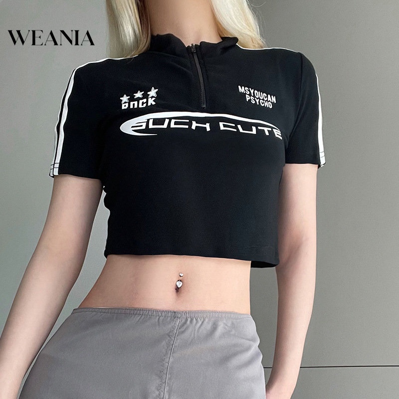 Áo Croptop Cổ Đứng In Chữ Phong Cách Đường Phố Châu Âu Cá Tính Cho Nữ