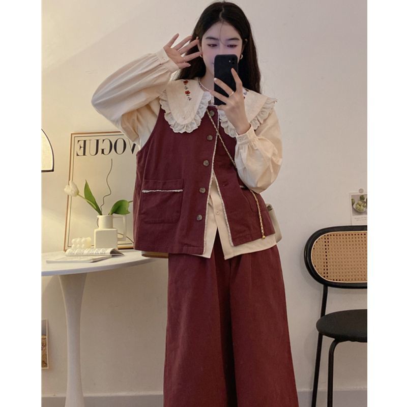 [Hàng Mới] Set Áo Vest + Áo Sơ Mi Cổ Búp Bê + Chân Váy Midi