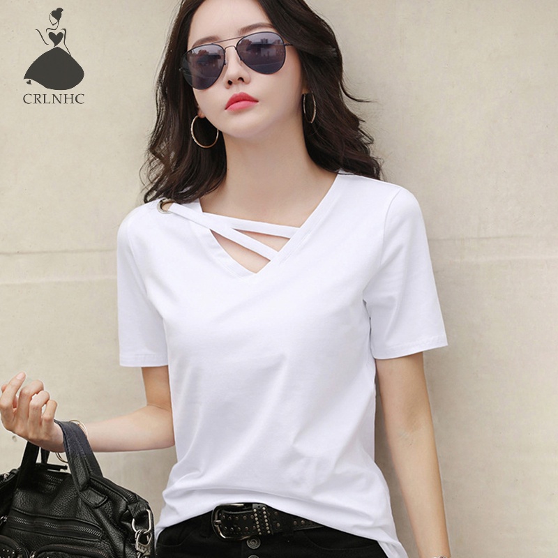 Áo thun CRLNHC ngắn tay cổ chữ V màu trơn dáng rộng thời trang mùa hè dành cho nữ