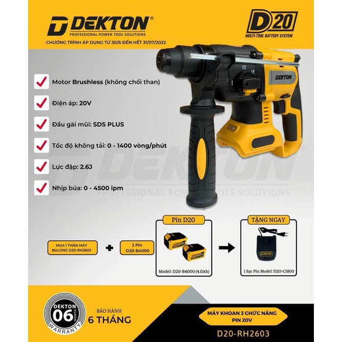 Máy Khoan Bê Tông 3 Chức Dùng Pin Dekton D20-RH2603  Motor Brushless . Chân Pin DEWALT /Tặng Sạc giá tốt