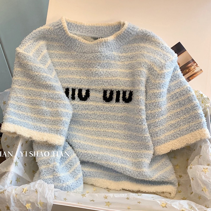 Áo Sweater Tay Ngắn In Chữ Màu Xanh Dương Và Trắng Ngọt Ngào Thời Trang Mùa Hè 2023 Mới Dành Cho Bạn Nữ